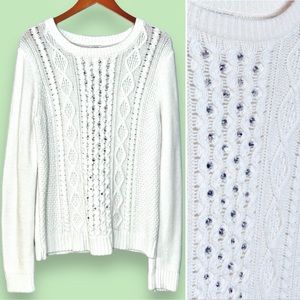 J.Crew Merino Wool Blend Embellished Sweater Sz L Cable Knit Rhinestones Ivory